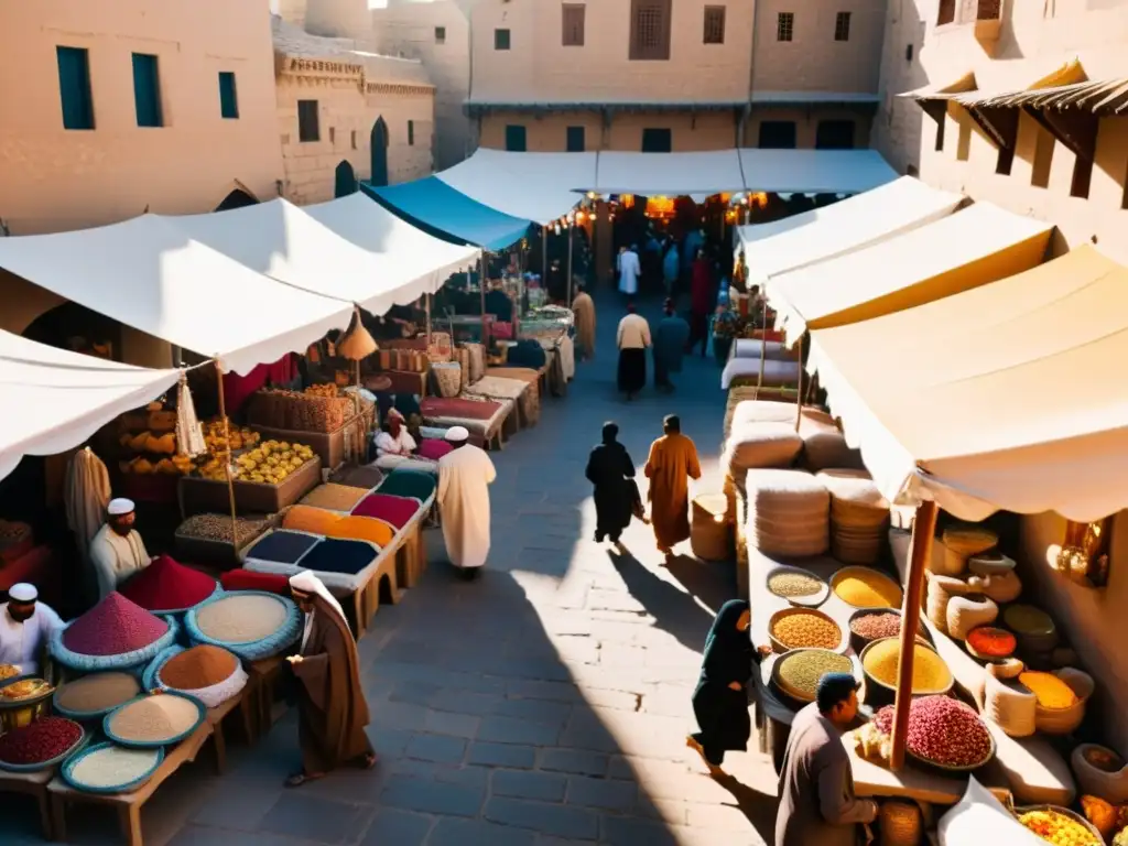 Vibrante mercado en una antigua ciudad del Medio Oriente, resaltando la importancia del idioma árabe en la animada conversación y cultura