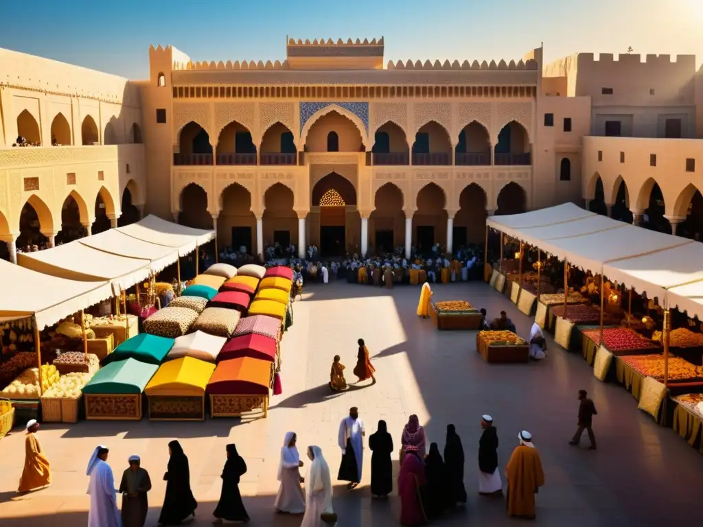 Un vibrante mercado en una antigua ciudad árabe, con detalles arquitectónicos, multitudes y textiles coloridos