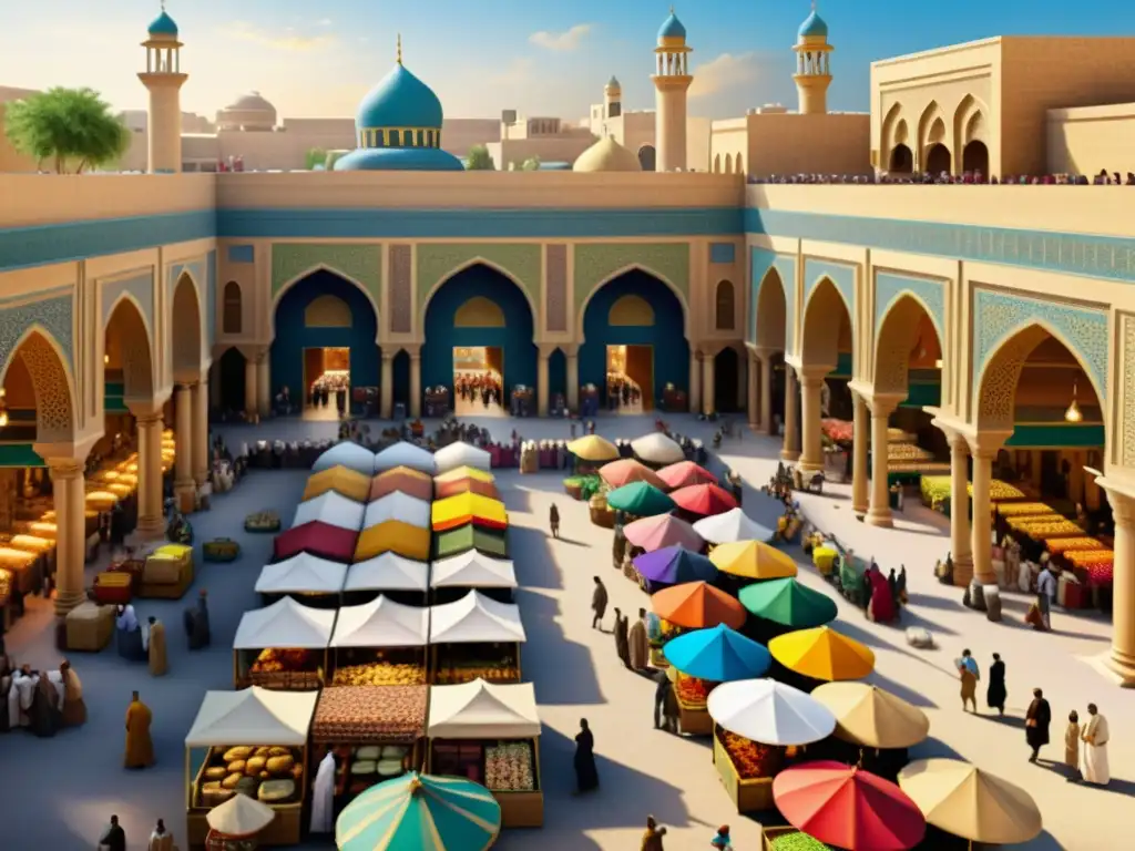 Vibrante mercado de la antigua Bagdad, con comerciantes, cuentacuentos y colores vivos