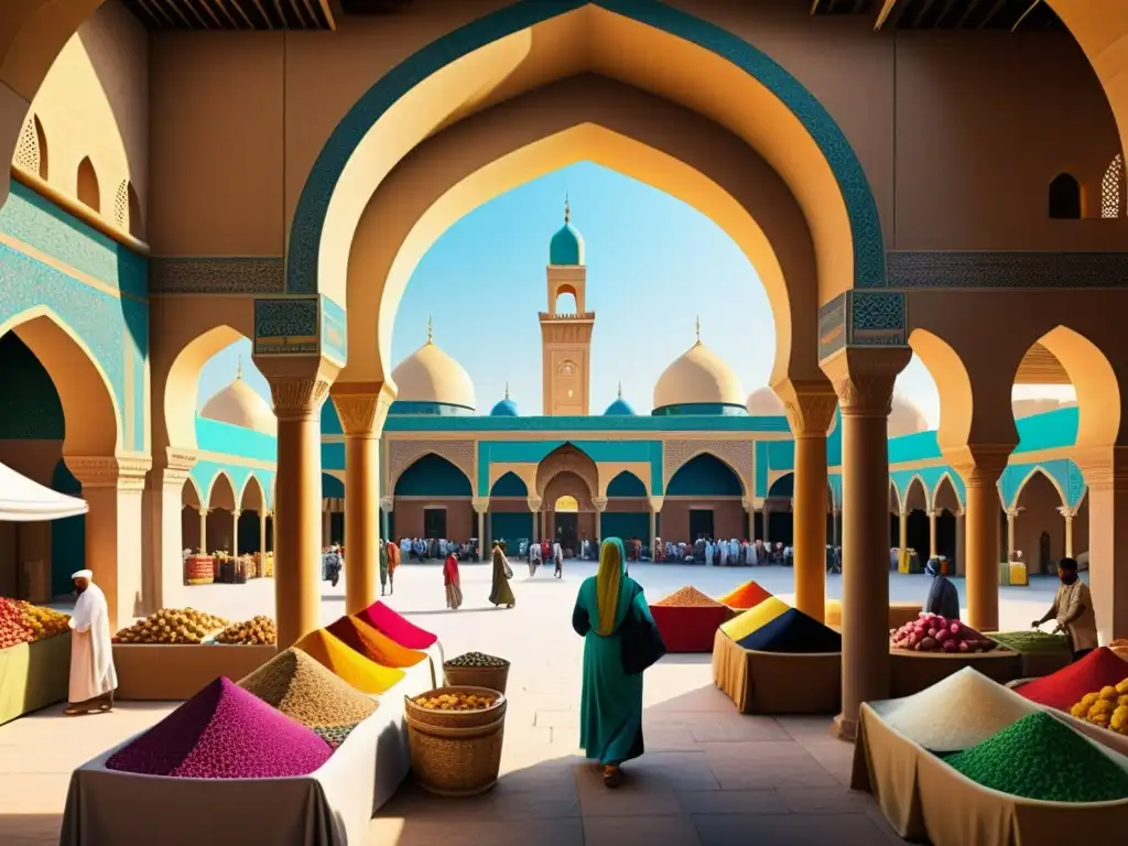 Mercado vibrante y cultural de Bagdad antiguo Un vibrante mercado en la antigua Bagdad muestra la diversidad cultural y la importancia de Mil y una noches en ética islámica