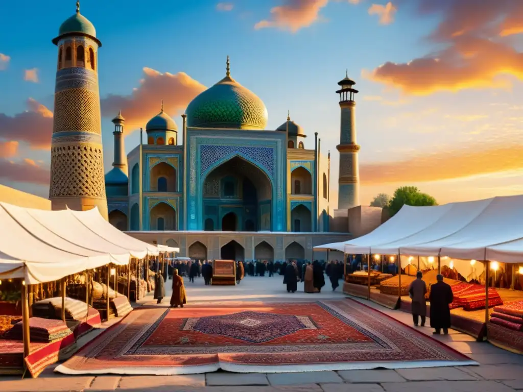 Vibrante mercado de la antigua Samarkanda con los icónicos edificios de la Ruta de la Seda al fondo, Historias y paisajes de la Ruta de la Seda