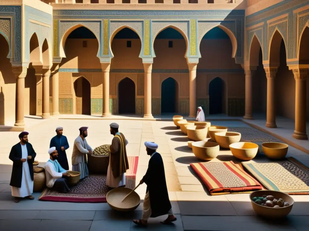 Vibrante mercado en la antigua Bagdad, reflejando la influencia de la geometría óptica de Ibn alHaytham en la arquitectura y el arte islámico