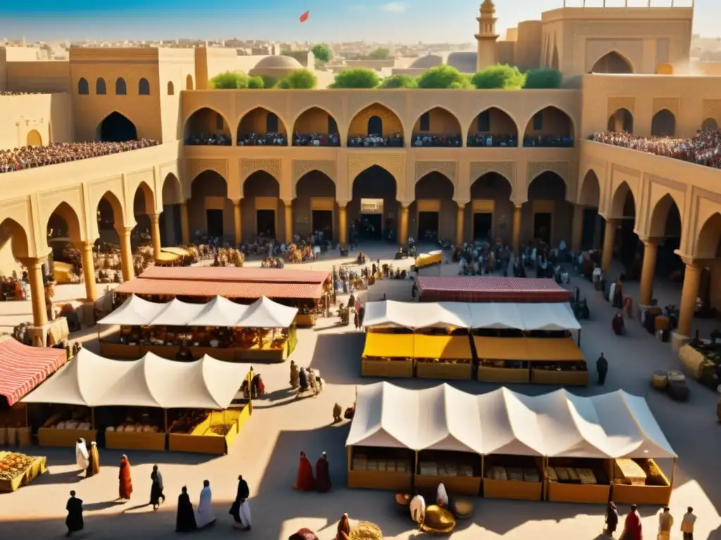 Bazar exótico de Bagdad: vida, comercio y cultura islámica Vibrante mercado en la antigua Bagdad, inspirado en la importancia de Mil y una noches en ética islámica