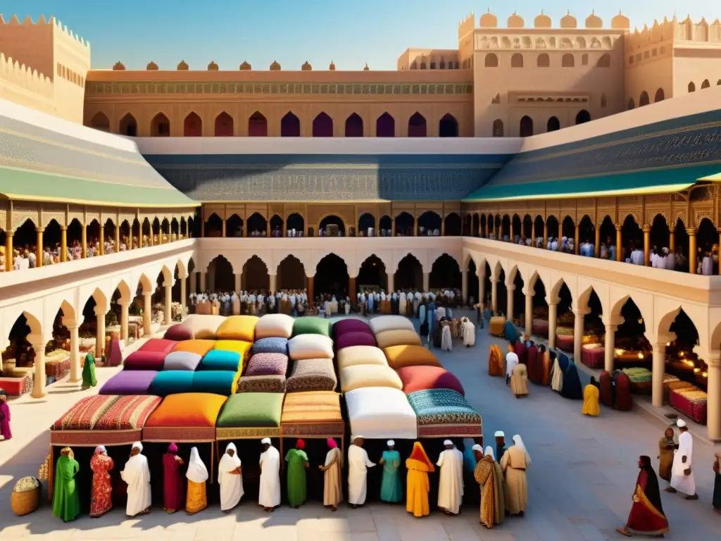 Vibrante mercado en la antigua Mecca con telas, especias y edificios ornamentados