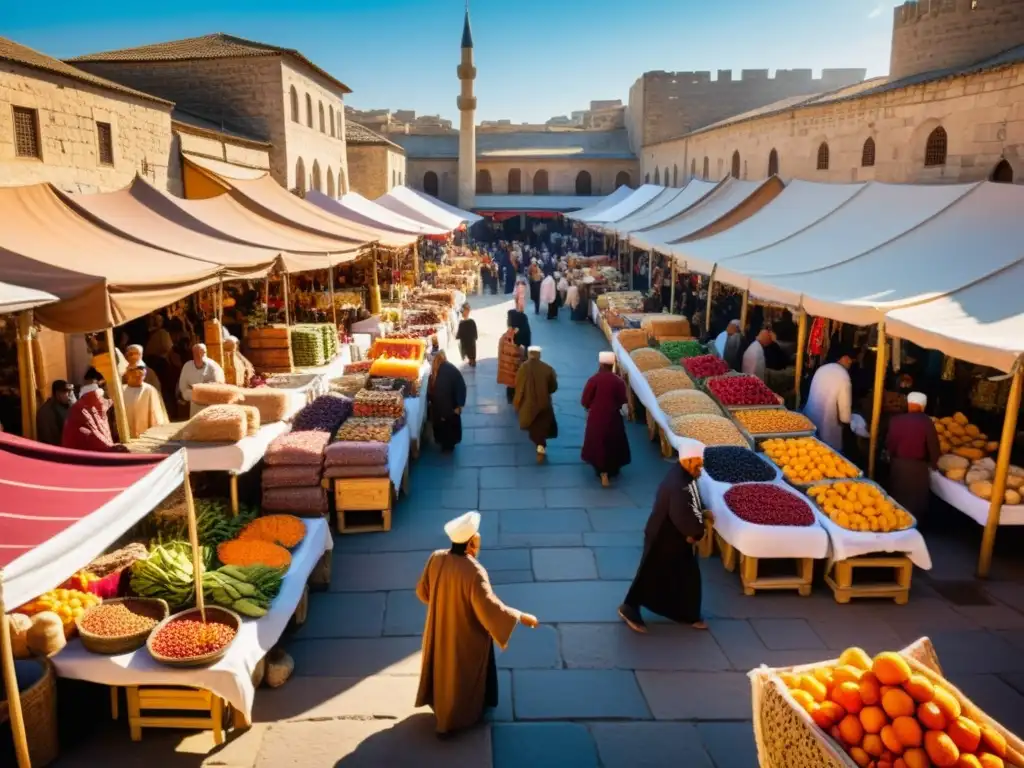 Vibrante mercado en Turquía antigua con secretos culinarios Rumi, místicos derviches y delicias culinarias