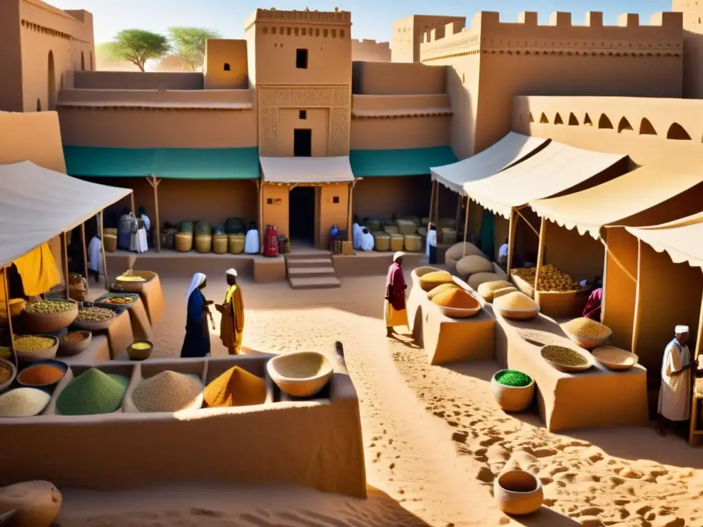 Vibrante mercado en la antigua Timbuktu, escena de diplomacia en el Islam africano con edificaciones de barro y textiles coloridos