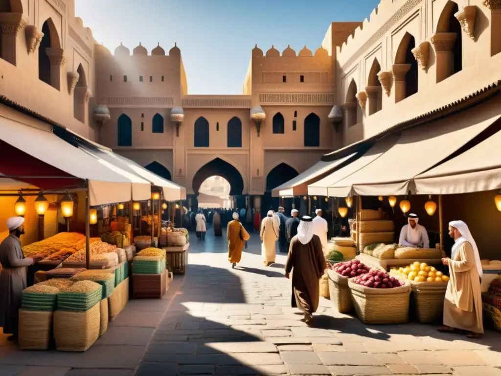 Mercado vibrante en ciudad islámica Vibrante mercado antiguo en una ciudad islámica con actividad comercial y arquitectura icónica