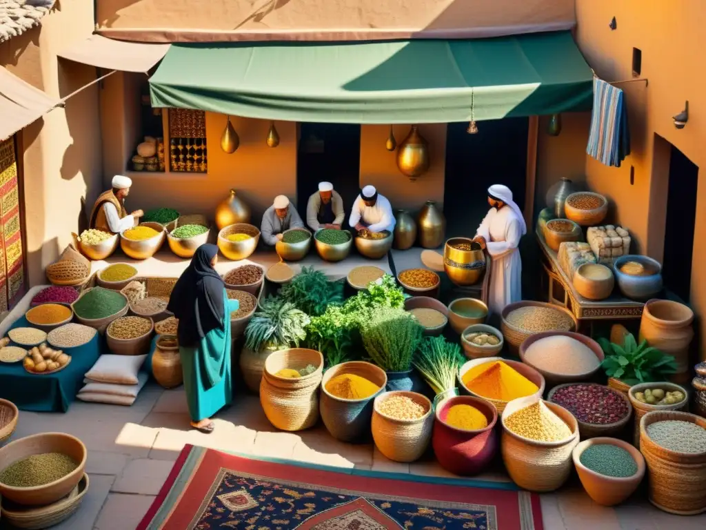 Vibrante mercado antiguo en Medio Oriente con influencia de la medicina islámica en prácticas curativas