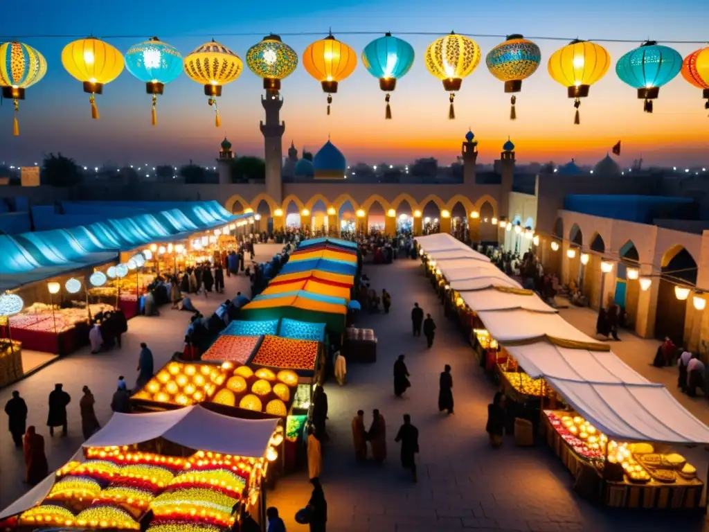 Vibrante mercado en Bagdad antiguo, con textiles, cerámica y caligrafía bajo la luz cálida, influencia del comercio en arte islámico