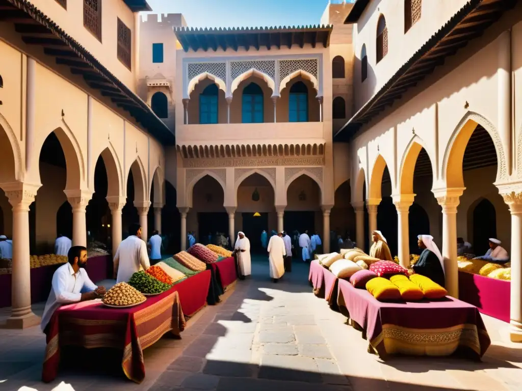 Vibrante mercado árabe con arquitectura ornamental y coloridos textiles, reflejando la atmósfera de la poesía modernista árabe