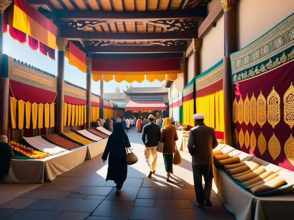 Vibrante mercado de arte islámico en una antigua ciudad, con tapestries y arquitectura detallada