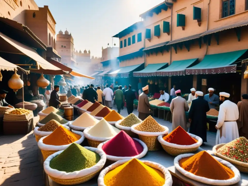 Vibrante mercado en un califato histórico con especias coloridas, arquitectura ornamental y delicias fragantes