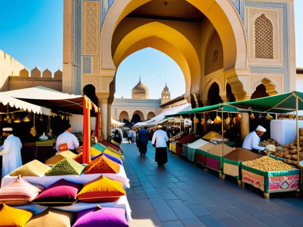 Vibrante mercado en Córdoba durante el Califato, reflejando la influencia del Califato en rutas comerciales con productos exóticos y arquitectura impresionante