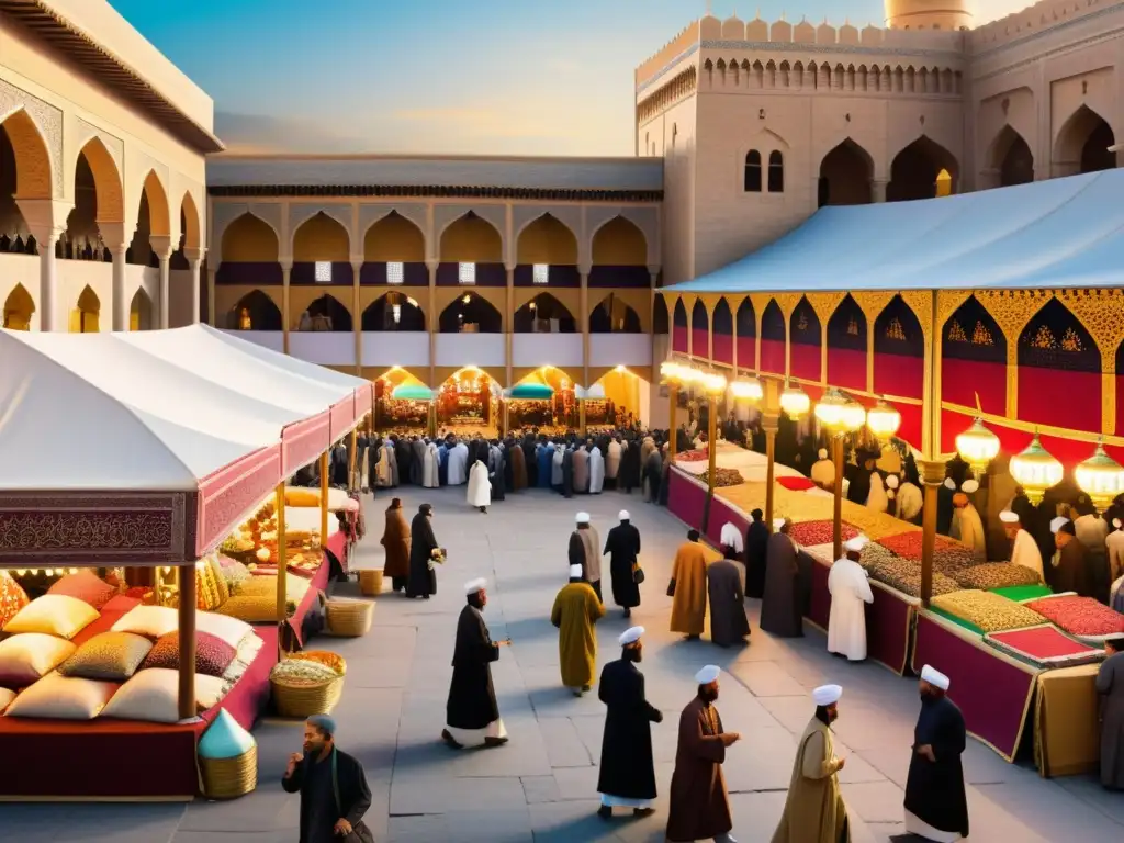 Vibrante mercado en un califato islámico, con arquitectura detallada y gente comerciando, rezando y conversando