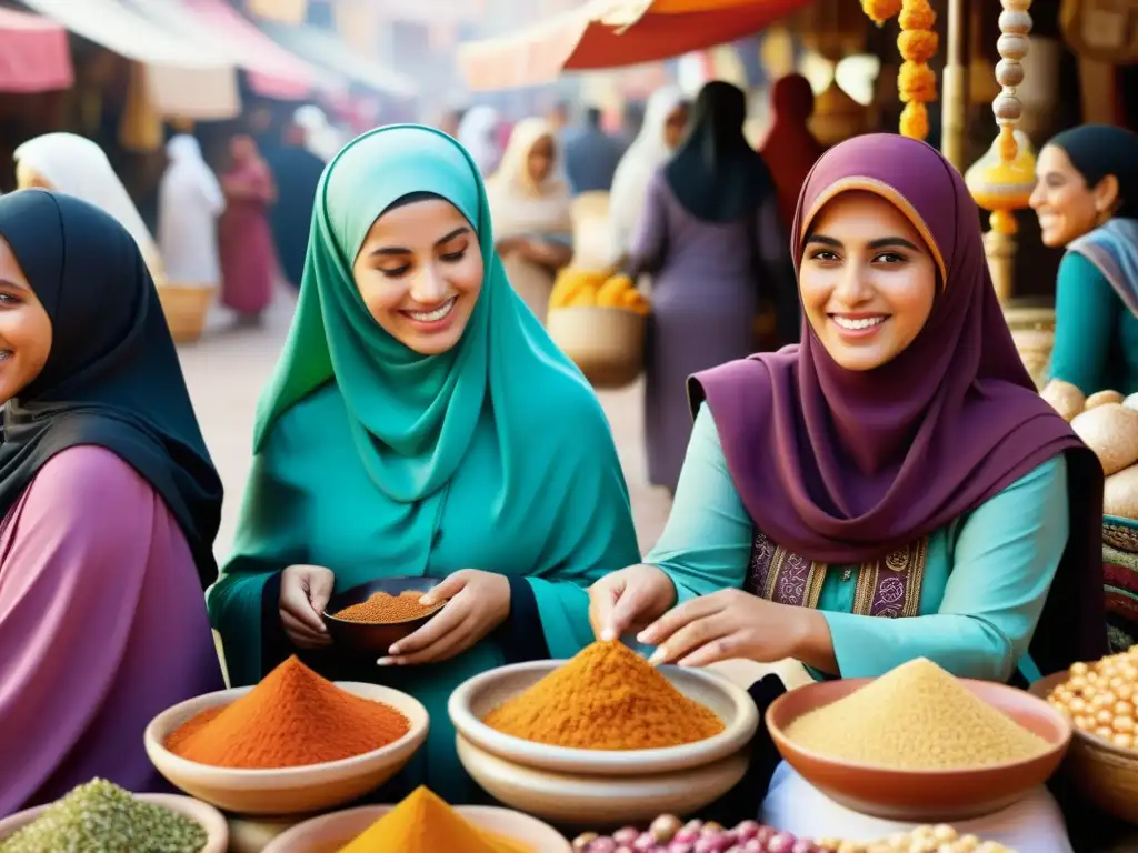 Un vibrante mercado en un califato islámico, con mujeres de todas las edades intercambiando bienes y conversaciones