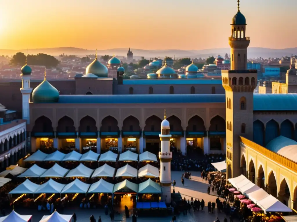 La llamada a la oración: vida multicultural en la ciudad Un vibrante mercado callejero con una hermosa mezquita al fondo, donde el Adhan se entrelaza con la vida cotidiana multicultural
