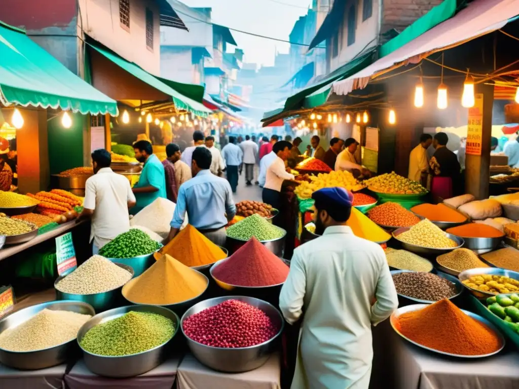 Vibrante mercado callejero en India con gastronomía islámica en Asia oriental: colores, olores y energía