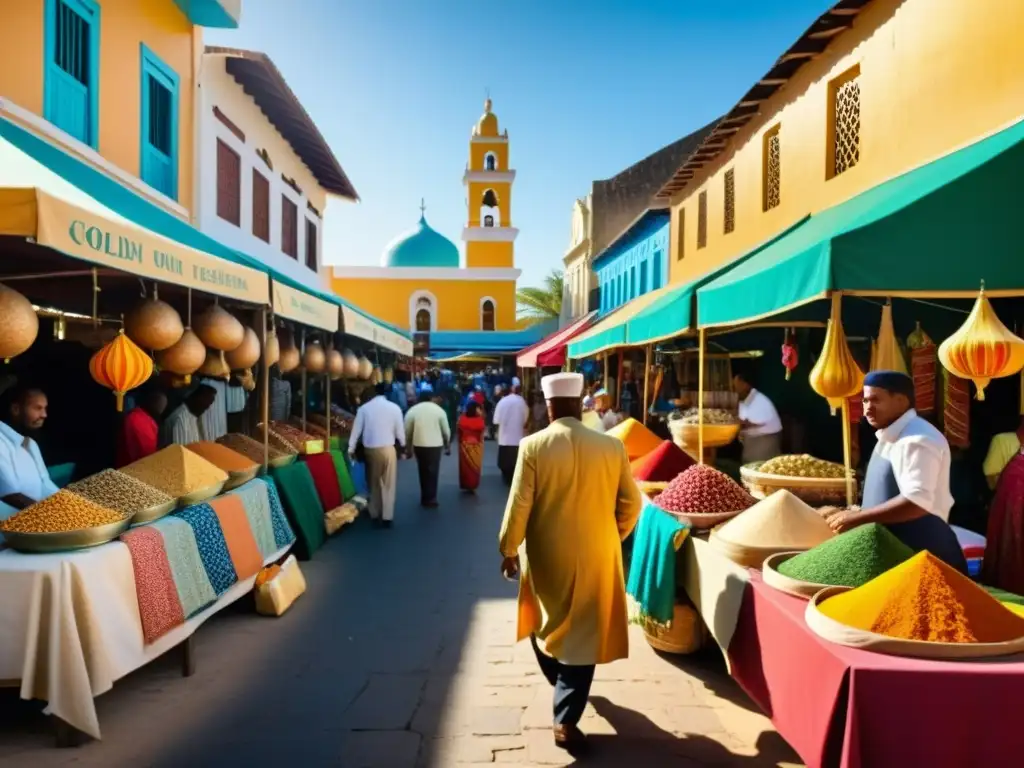 Mercado callejero vibrante en el Caribe con artesanías y especias Vibrante mercado callejero con influencia islámica en el Caribe
