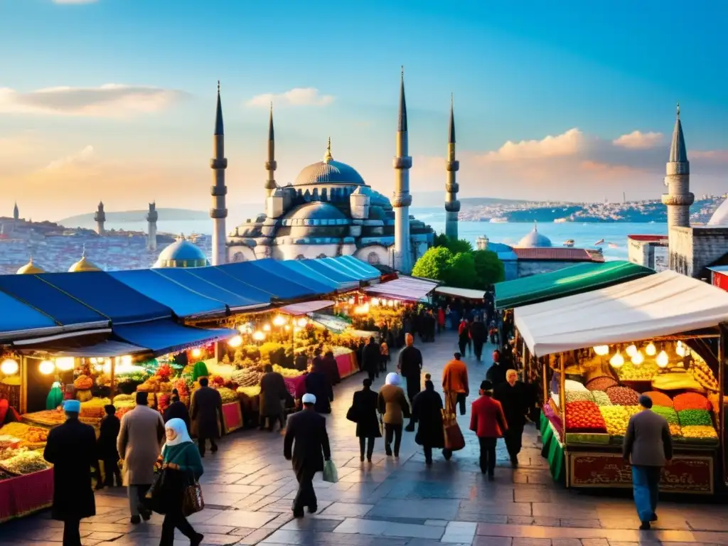 Un vibrante mercado callejero en Estambul, Turquía, con mezquitas ornamentadas y una bulliciosa actividad