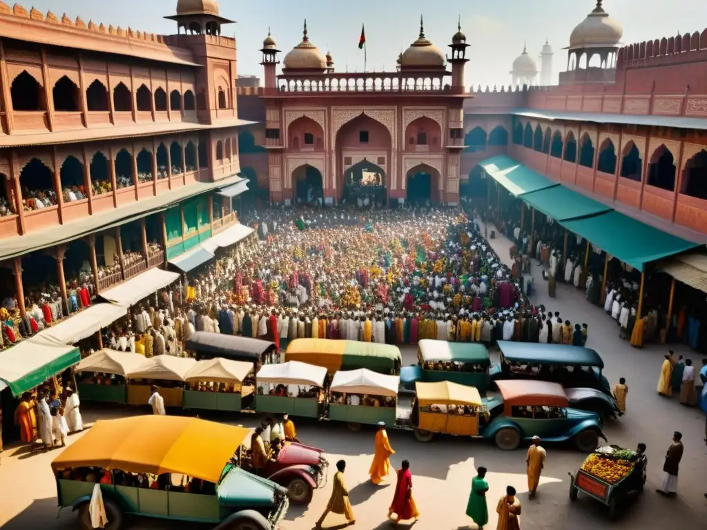 Vibrante mercado callejero en Lahore durante la Partición de India en 1947, reflejando la diversidad cultural del subcontinente