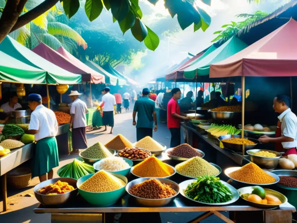 Vibrante mercado callejero en Indonesia con recetas tradicionales de países musulmanes y exóticos sabores y colores