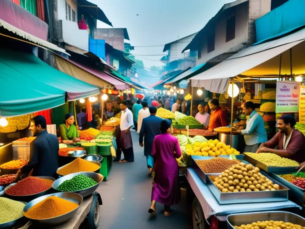 Un vibrante mercado callejero en Asia del Sur, lleno de puestos y vendedores que ofrecen una variedad de platos veganos