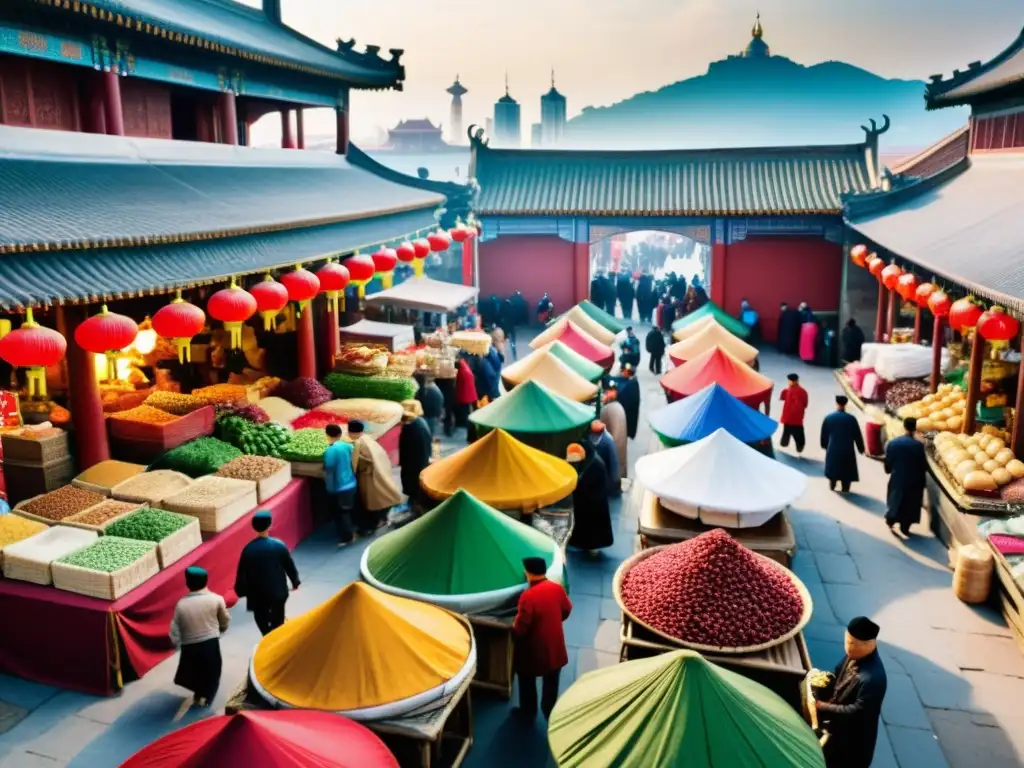Vibrante mercado Hui en China, con puestos de comida y textiles, gente vestida tradicionalmente y una mezquita histórica