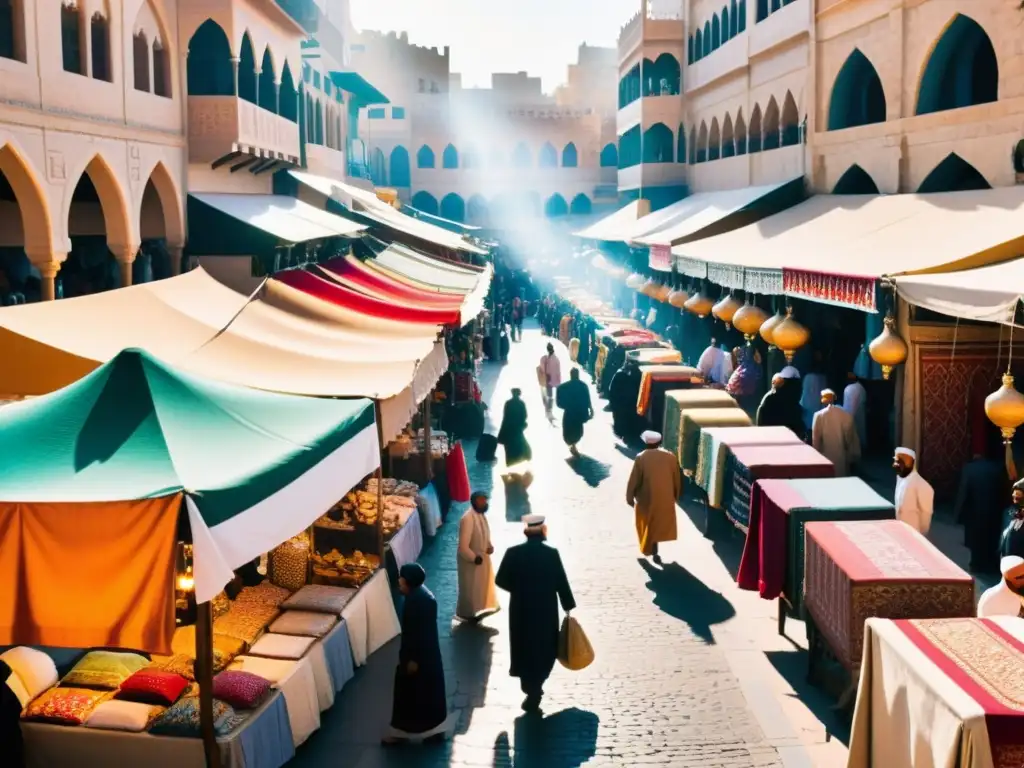 Vibrante mercado de una ciudad del Medio Oriente, con coloridos textiles y ropa musulmana