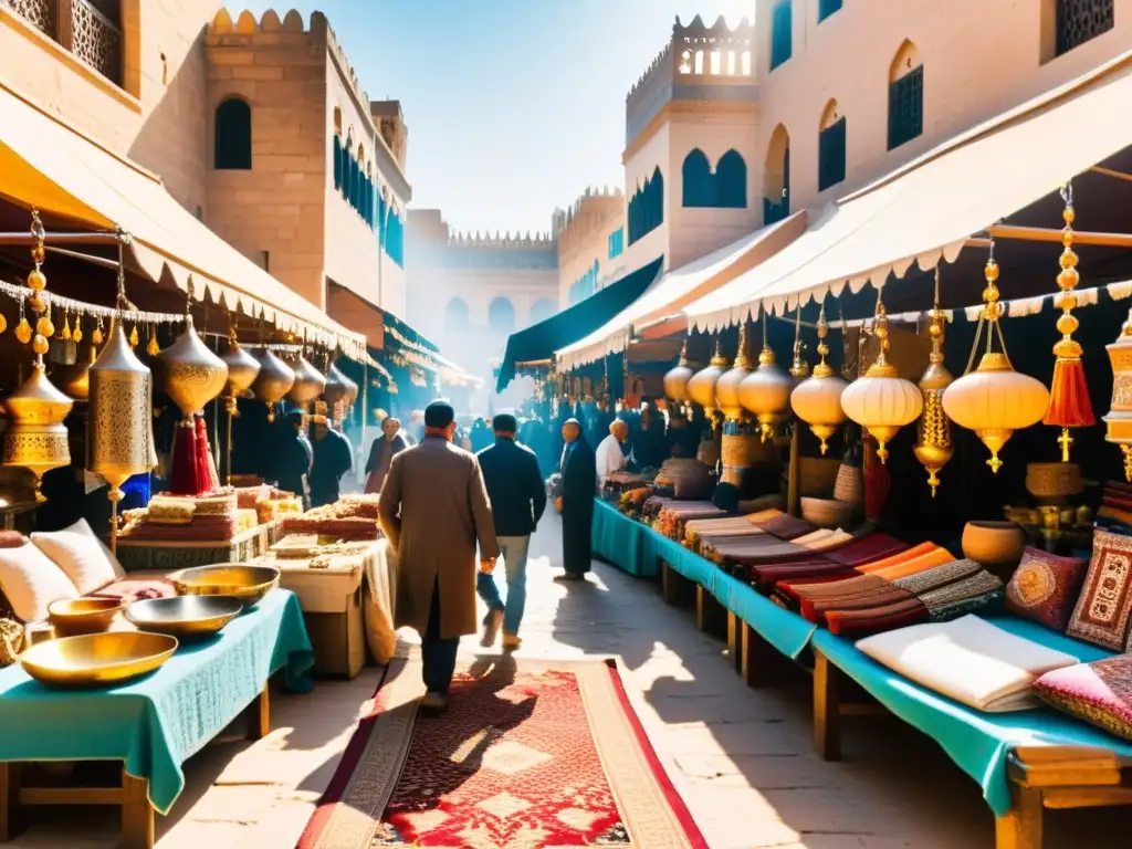 Vibrante mercado en ciudad de Medio Oriente con comercio islámico, artesanía y tecnología, colores cálidos y bullicio