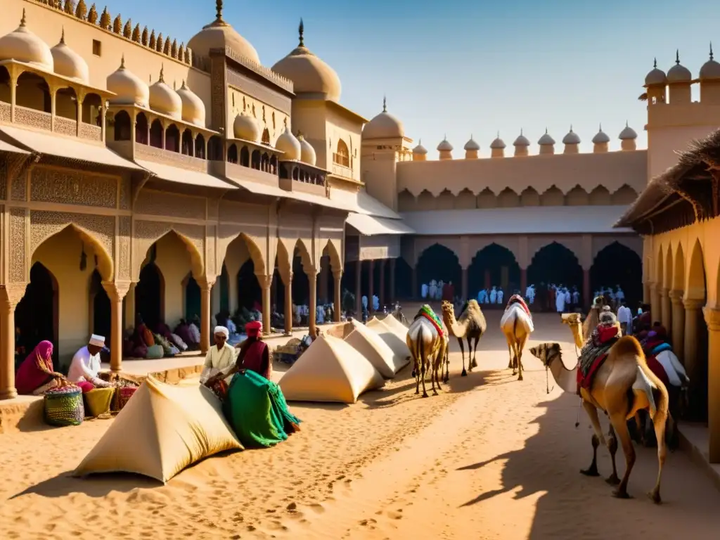 Vibrante mercado en ciudad desértica del Islam, con comerciantes en la Ruta del Marfil, bajo el sol ardiente y arquitectura impresionante