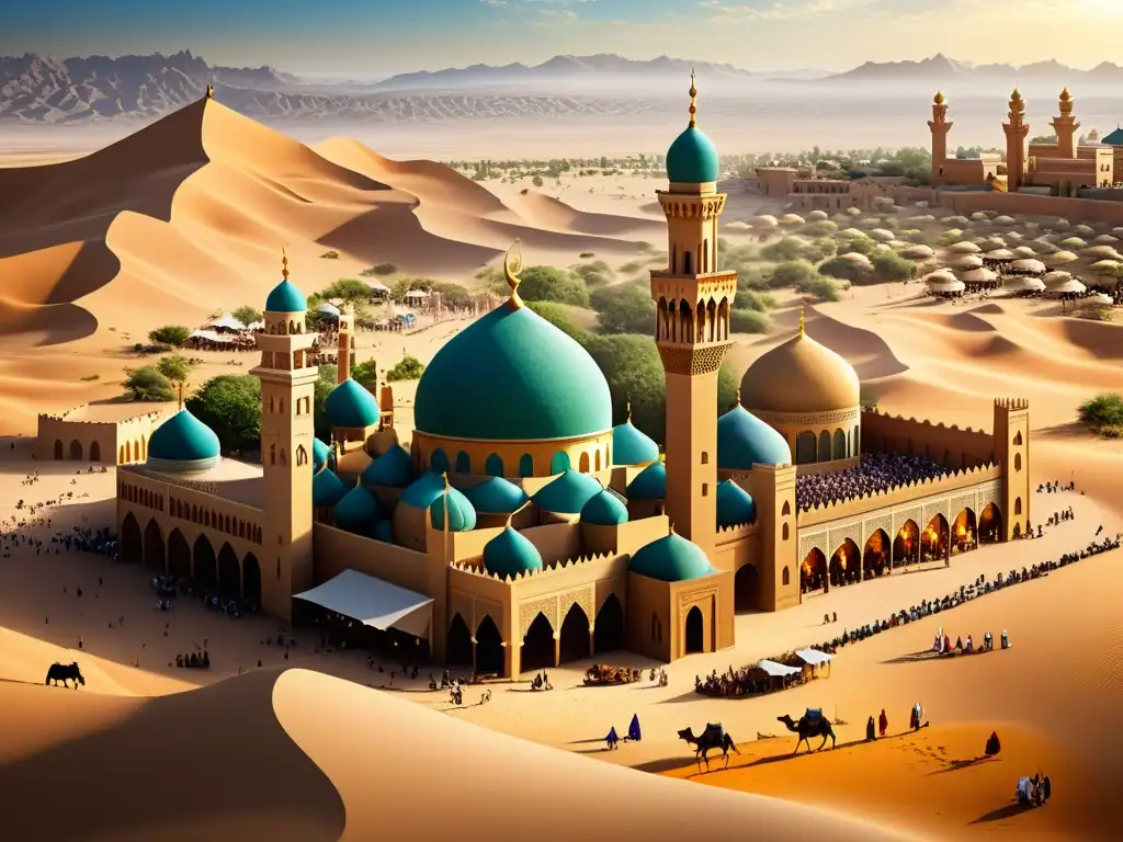 Expansión del Islam en el siglo VII: Mercado vibrante en ciudad desértica Vibrante mercado en ciudad desierto, estrategias expansión Islam siglo VII