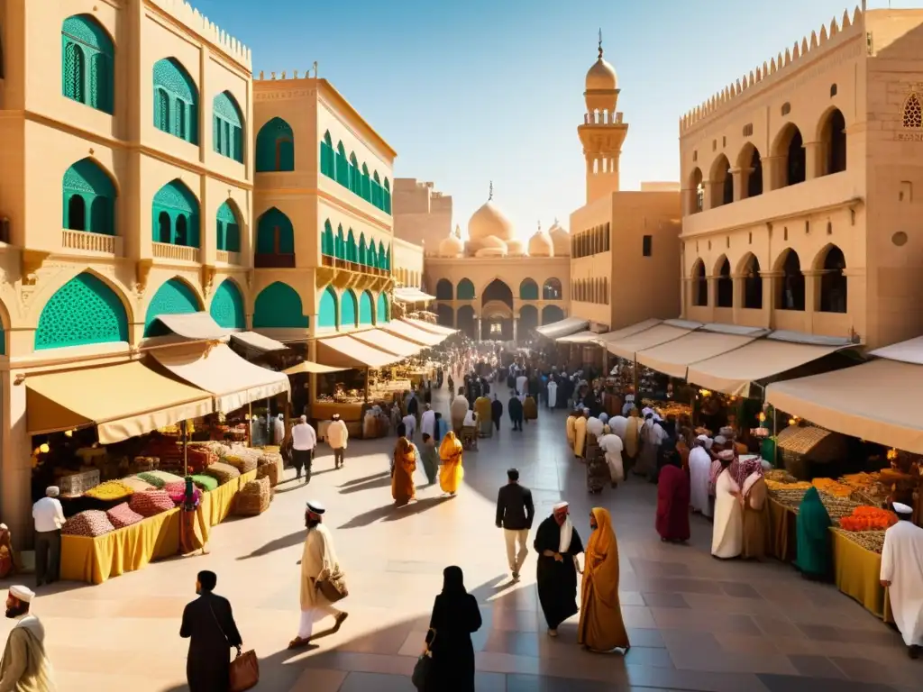 Vibrante mercado en ciudad del Medio Oriente con gente diversa y arquitectura detallada, iluminado por cálidos tonos dorados