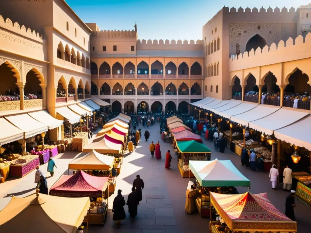 Vibrante mercado en ciudad islámica histórica, artesanías y comercio en un escenario cultural único