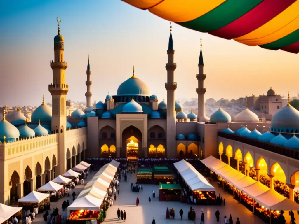 Mercado vibrante en ciudad islámica: comercio y cultura bajo minaretes Vibrante mercado en ciudad islámica histórica, reflejando la diplomacia y comercio en los albores del Islam