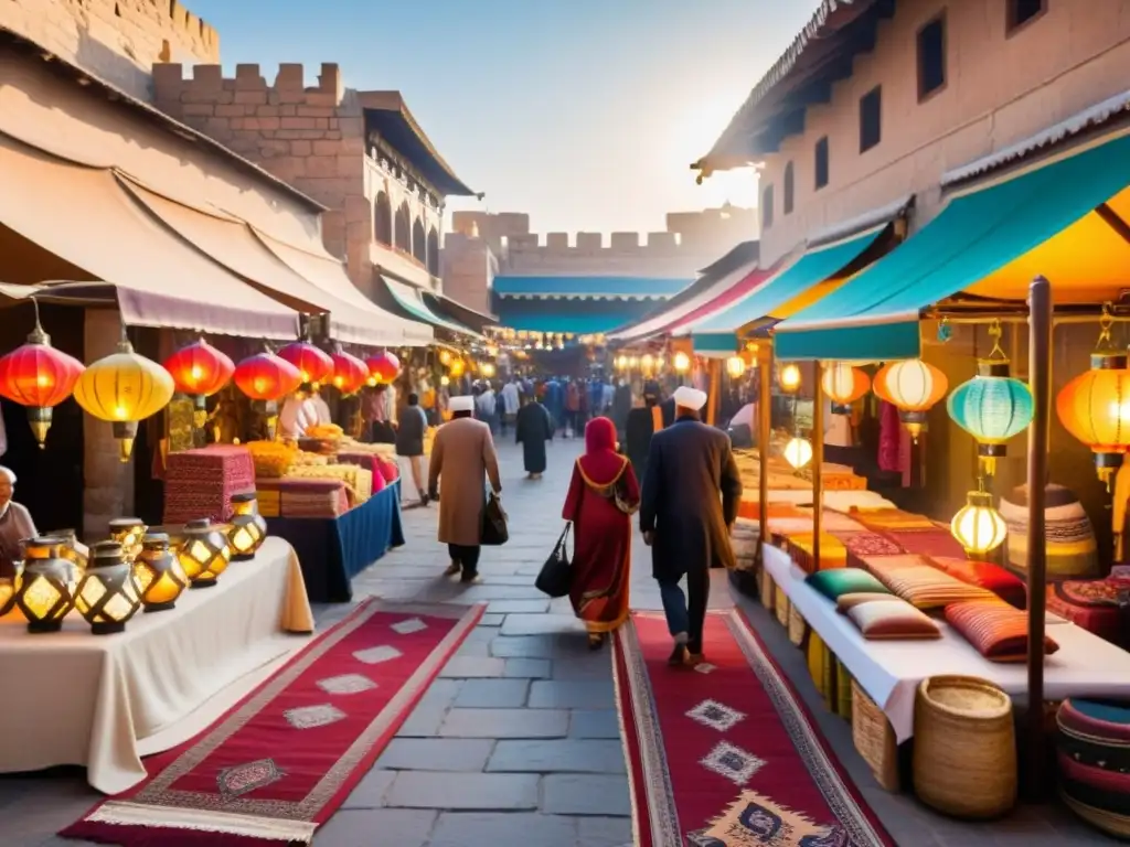 Vibrante mercado en ciudad islámica con textiles coloridos, vendedores y arquitectura detallada