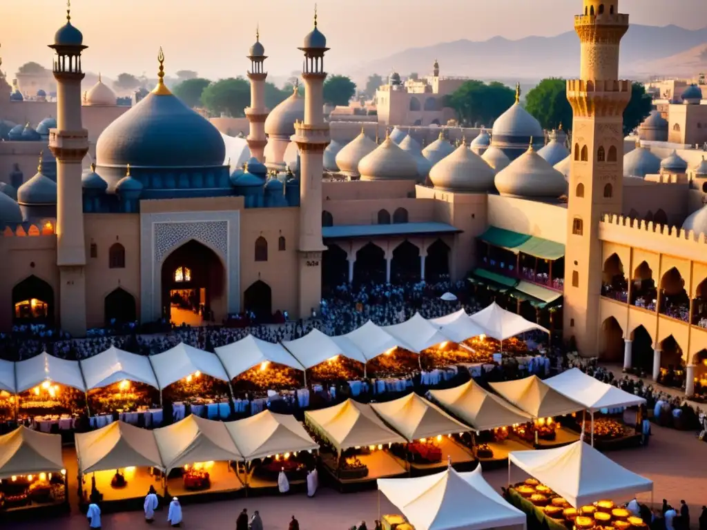 Vibrante mercado en una ciudad islámica, con minaretes y cúpulas