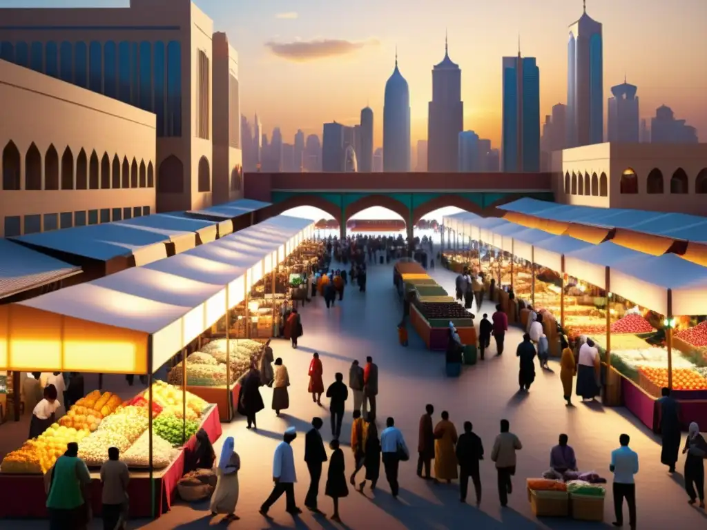 Mercado islámico moderno: diversidad, comercio y criptomonedas Vibrante mercado en una ciudad islámica moderna, con rascacielos al fondo y diversidad en el comercio