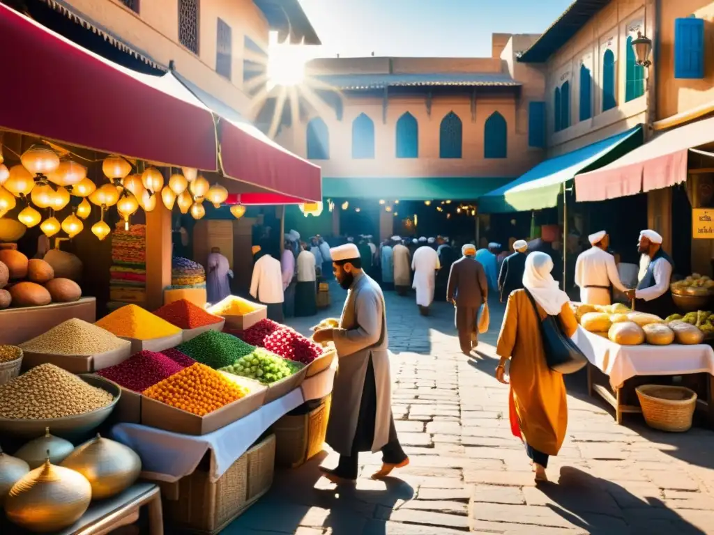 Un vibrante mercado en una ciudad islámica histórica durante la Hégira, con edificios decorados, textiles coloridos y comerciantes en plena actividad