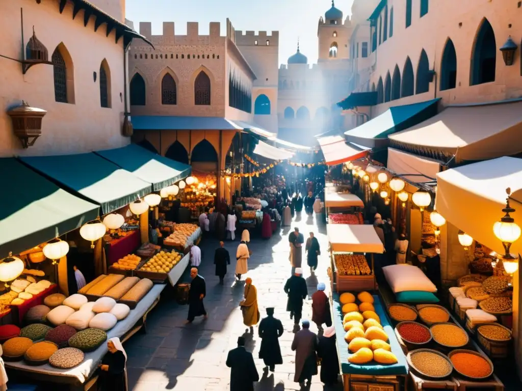 Vibrante mercado en una ciudad islámica medieval, con arquitectura intrincada y diversidad de productos