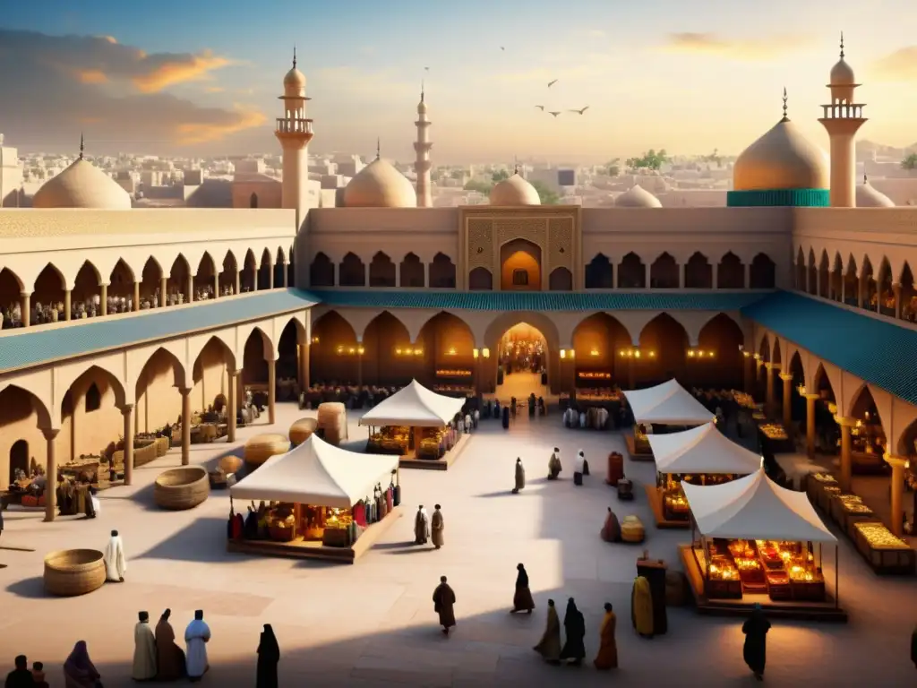 Vibrante mercado de una ciudad islámica histórica, reflejando el desarrollo de la shari'a islámica en la vida cotidiana