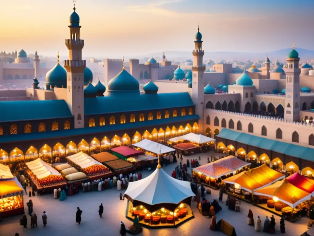 Vibrante mercado en una ciudad islámica medieval, con mezquitas y minaretes