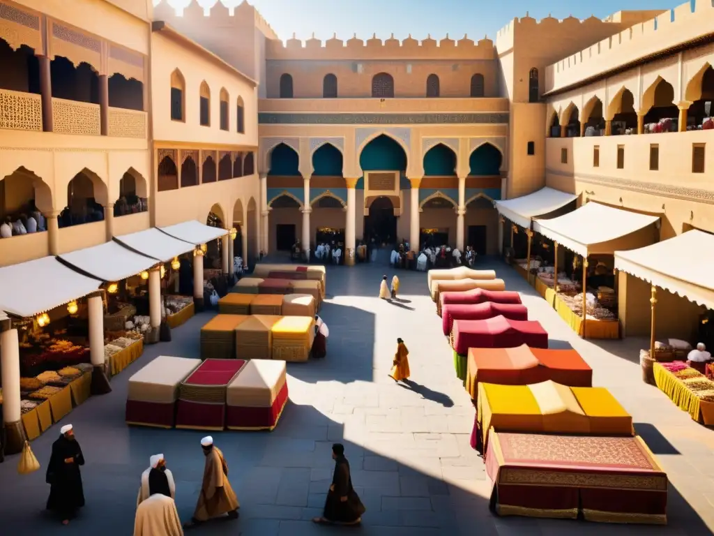 Vibrante mercado en ciudad islámica antigua, con arquitectura decorada y gente comerciando