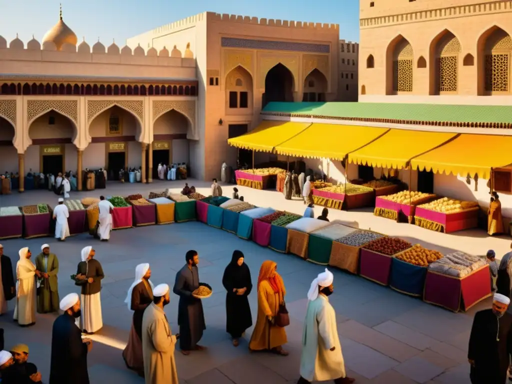 Vibrante mercado en ciudad islámica con arquitectura detallada, colores vivos y narrativas orales leyendas urbanas islámicas