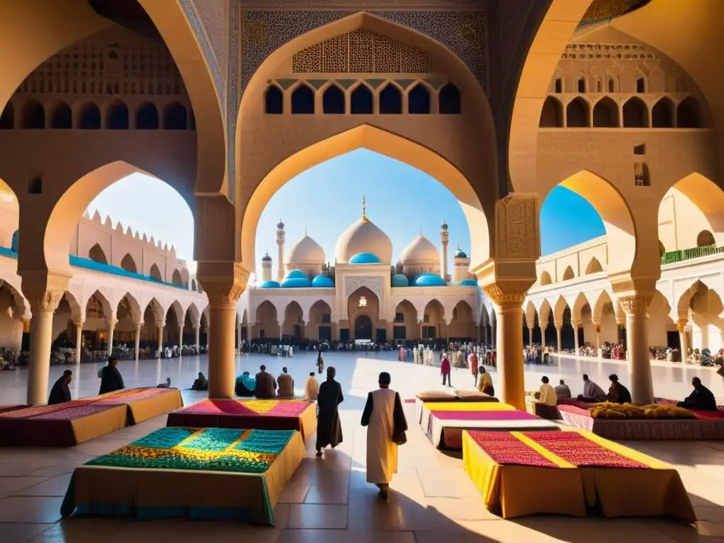 Vibrante mercado en una ciudad islámica antigua, comercio y matemáticas en el Islam se entrelazan en este escenario de colores, aromas y arquitectura