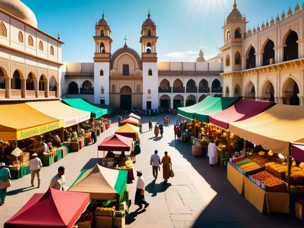 Un vibrante mercado en una ciudad latinoamericana, con puestos de arte, literatura y artículos culturales islámicos