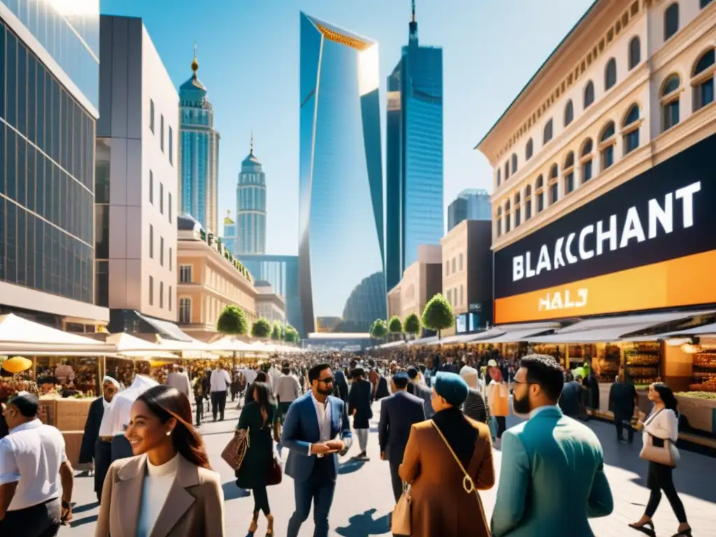 Vibrante mercado en ciudad moderna, con comerciantes y edificios decorados