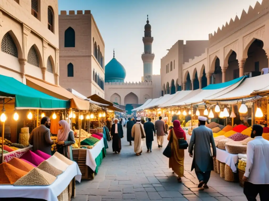 Mercado vibrante en ciudad de Oriente Medio Vibrante mercado en ciudad del Medio Oriente, mezcla de tradición y modernidad
