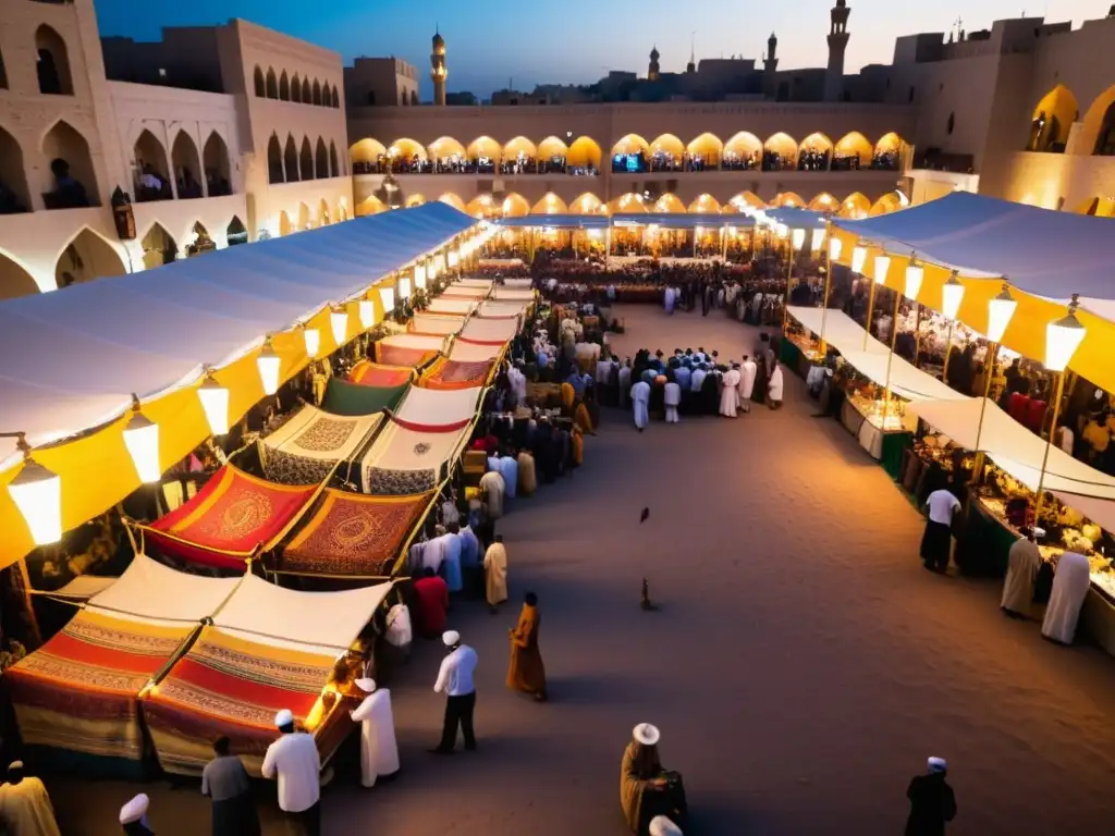 Un vibrante mercado en una ciudad del Medio Oriente durante el Ramadán, con música, coloridos tejidos y una atmósfera llena de energía comunitaria