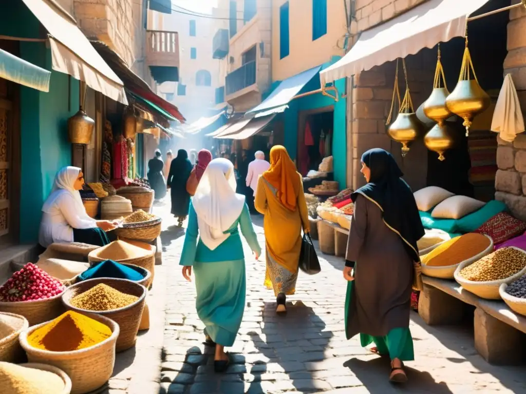 Vibrante mercado en una ciudad del Medio Oriente, donde mujeres con hijabs participan activamente en la vida económica y desafían estereotipos