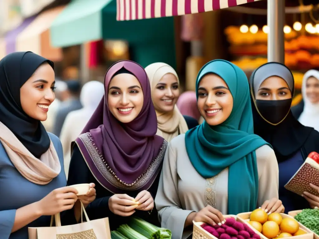 Un vibrante mercado en una ciudad del Medio Oriente, donde mujeres musulmanas con hijabs de variados estilos comparten en actividades cotidianas